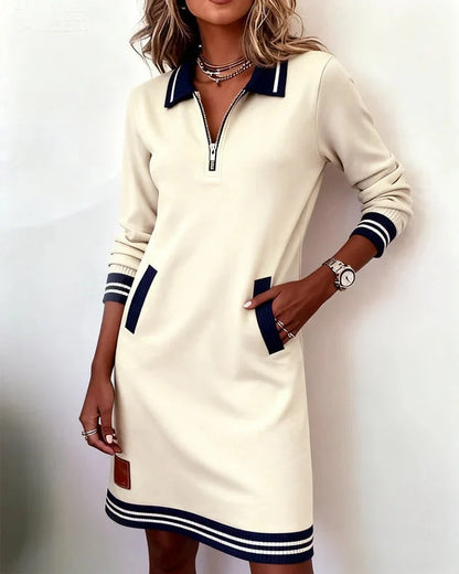 Women's Striped Midi Shirt Dress – Polo Collar, Zip Pockets