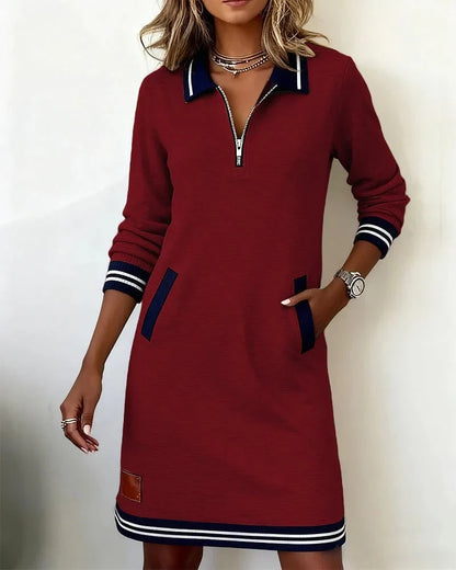 Women's Striped Midi Shirt Dress – Polo Collar, Zip Pockets