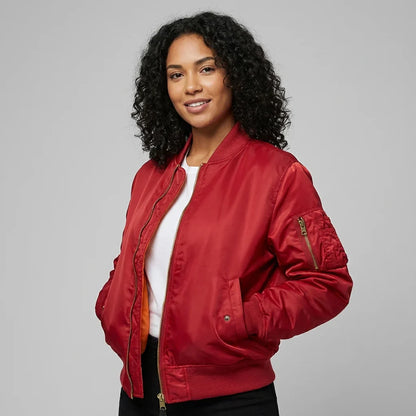 Women’s MA-1 Bomber Jacket - Nylon Zip Pocket Starter Jacket