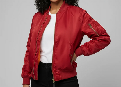 Women’s MA-1 Bomber Jacket - Nylon Zip Pocket Starter Jacket
