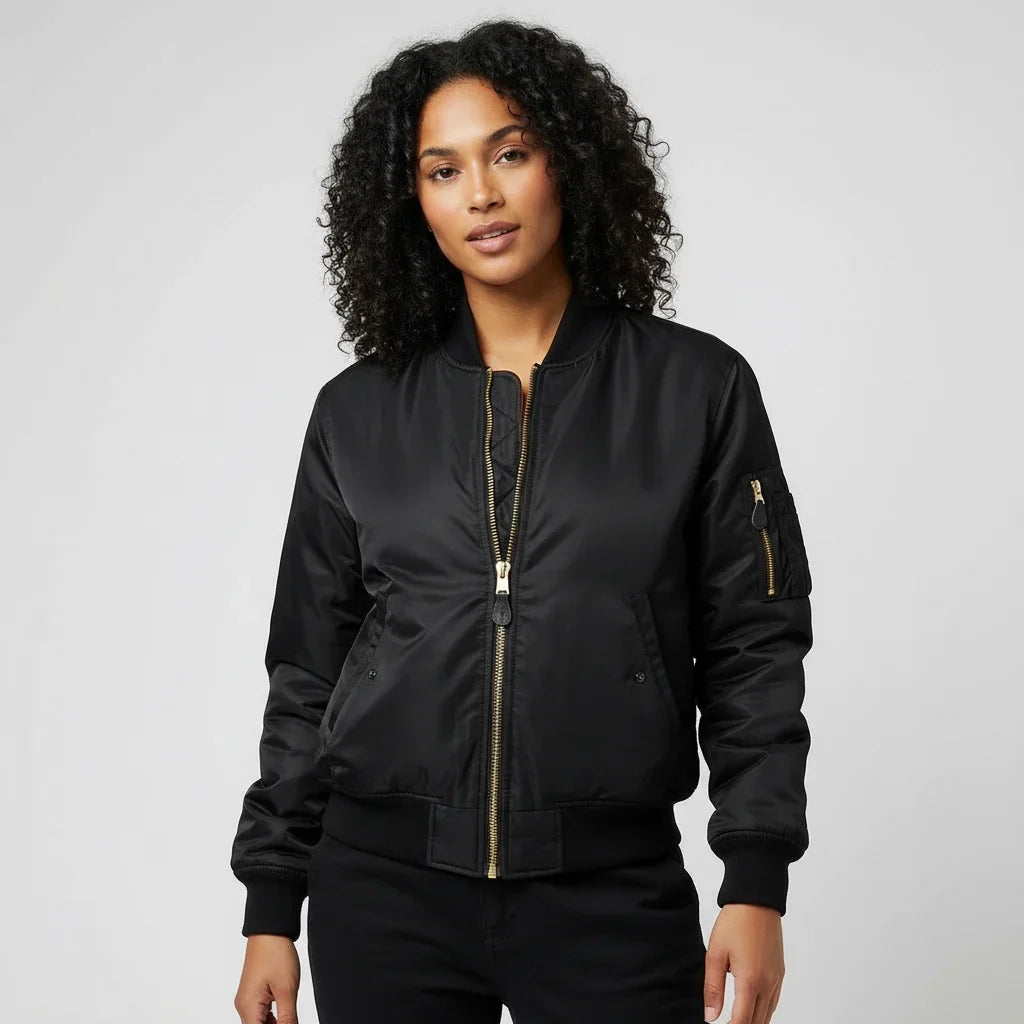 Women’s MA-1 Bomber Jacket - Nylon Zip Pocket Starter Jacket