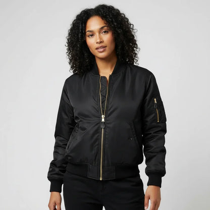 Women’s MA-1 Bomber Jacket - Nylon Zip Pocket Starter Jacket