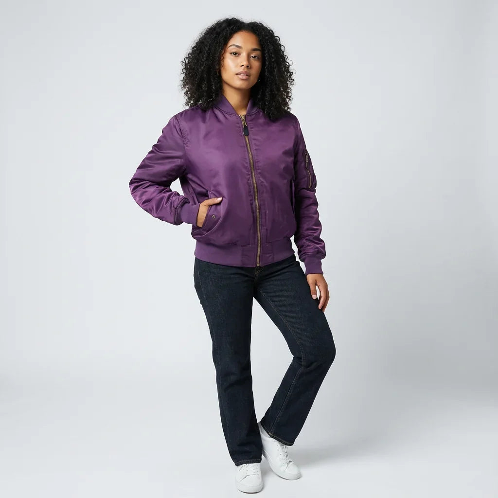 Women’s MA-1 Bomber Jacket - Nylon Zip Pocket Starter Jacket