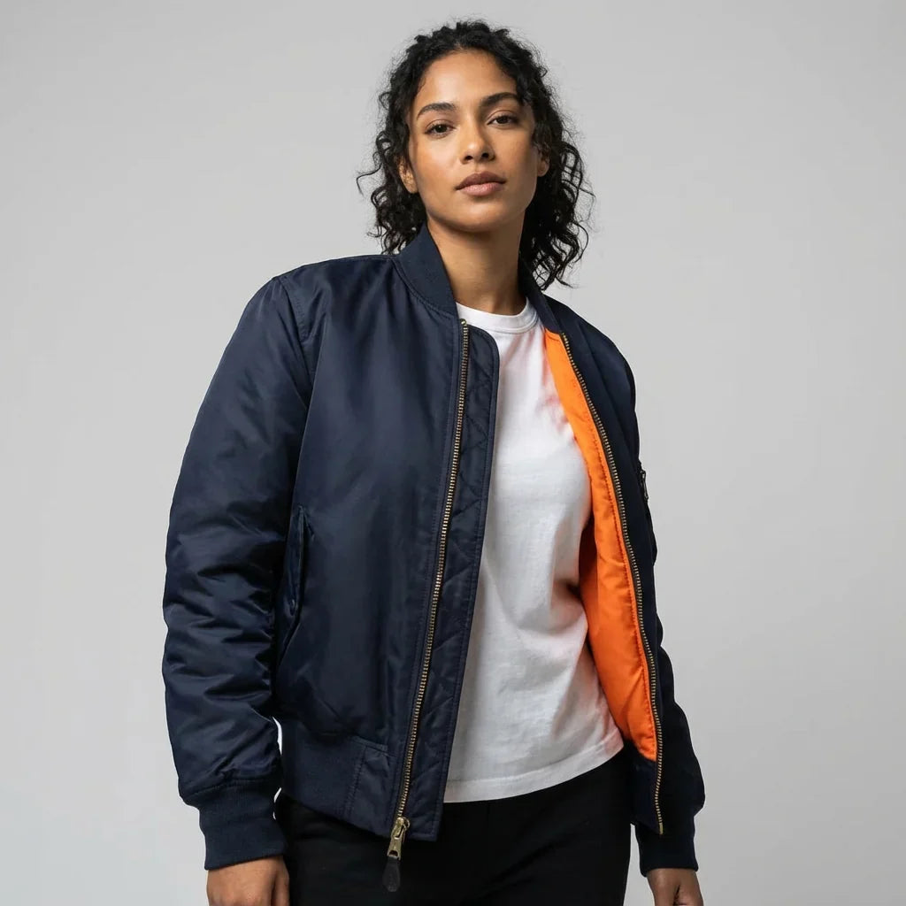 Women’s MA-1 Bomber Jacket - Nylon Zip Pocket Starter Jacket