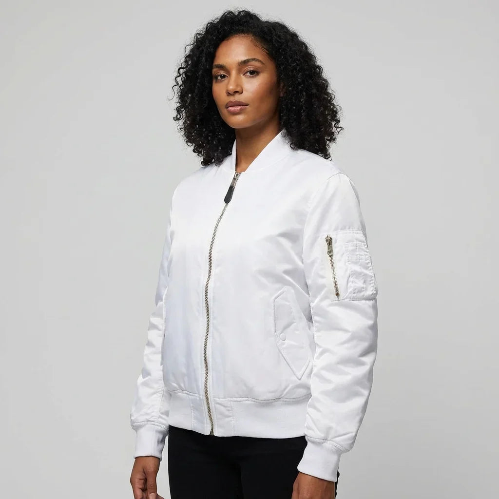 Women’s MA-1 Bomber Jacket - Nylon Zip Pocket Starter Jacket