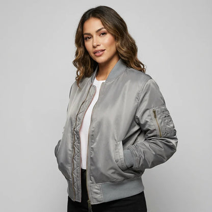 Women’s MA-1 Bomber Jacket - Nylon Zip Pocket Starter Jacket