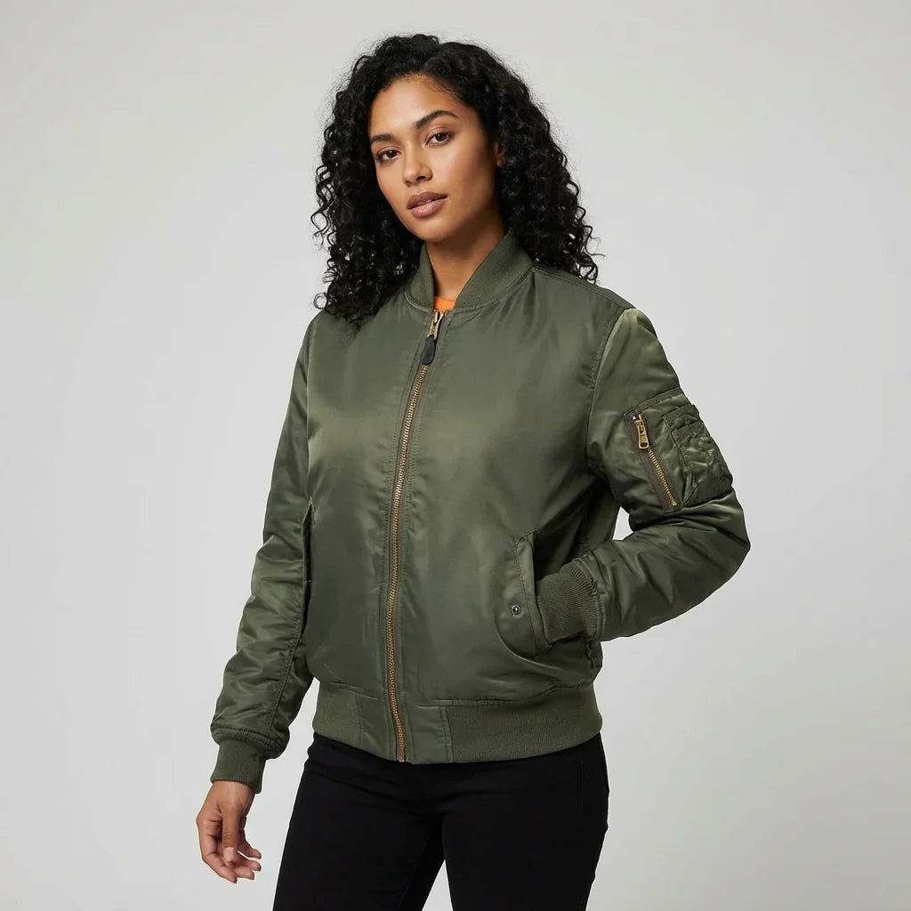 Women’s MA-1 Bomber Jacket - Nylon Zip Pocket Starter Jacket