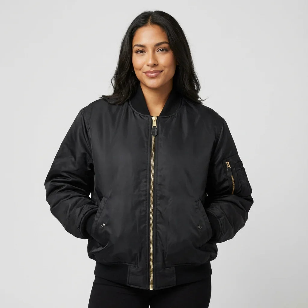 Women’s MA-1 Bomber Jacket - Nylon Zip Pocket Starter Jacket