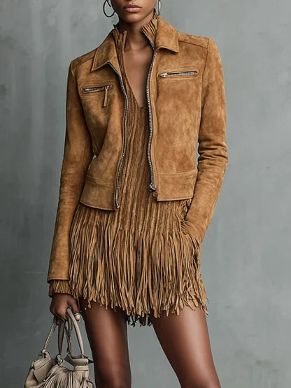 Women’s Cropped Suede Jacket - Lapel Zip Front