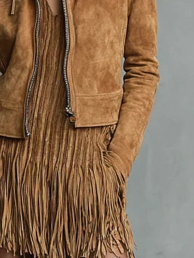 Women’s Cropped Suede Jacket - Lapel Zip Front