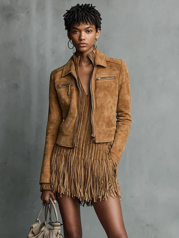 Women’s Cropped Suede Jacket - Lapel Zip Front