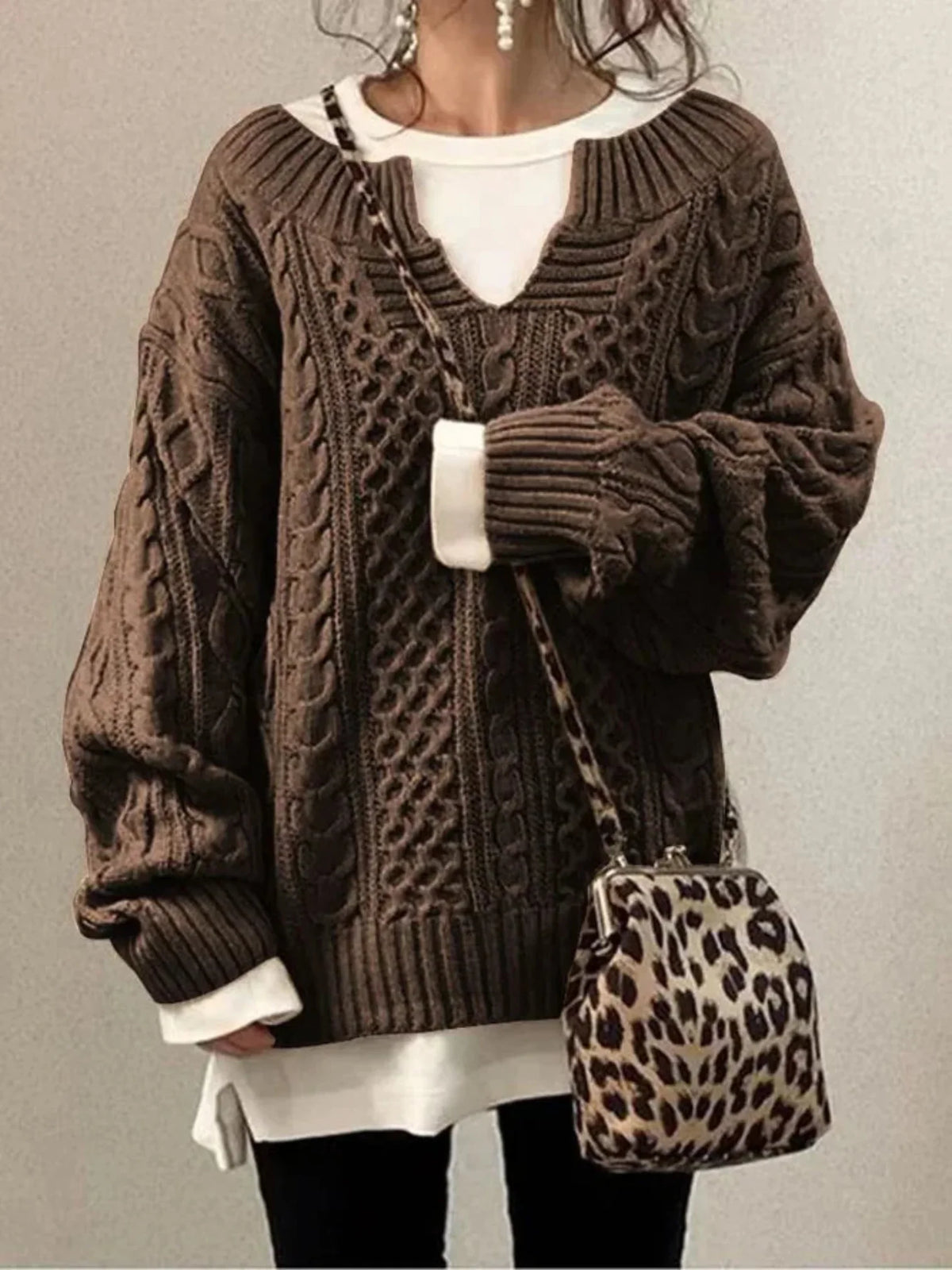 Women's Cable Knit Sweater – V-Neck Long Sleeve