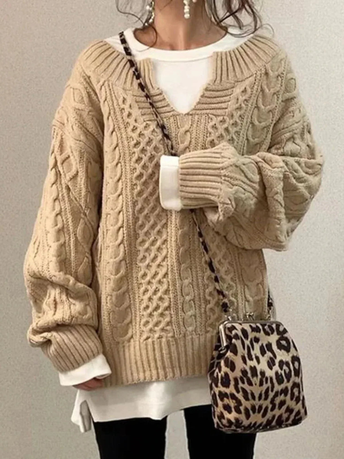 Women's Cable Knit Sweater – V-Neck Long Sleeve