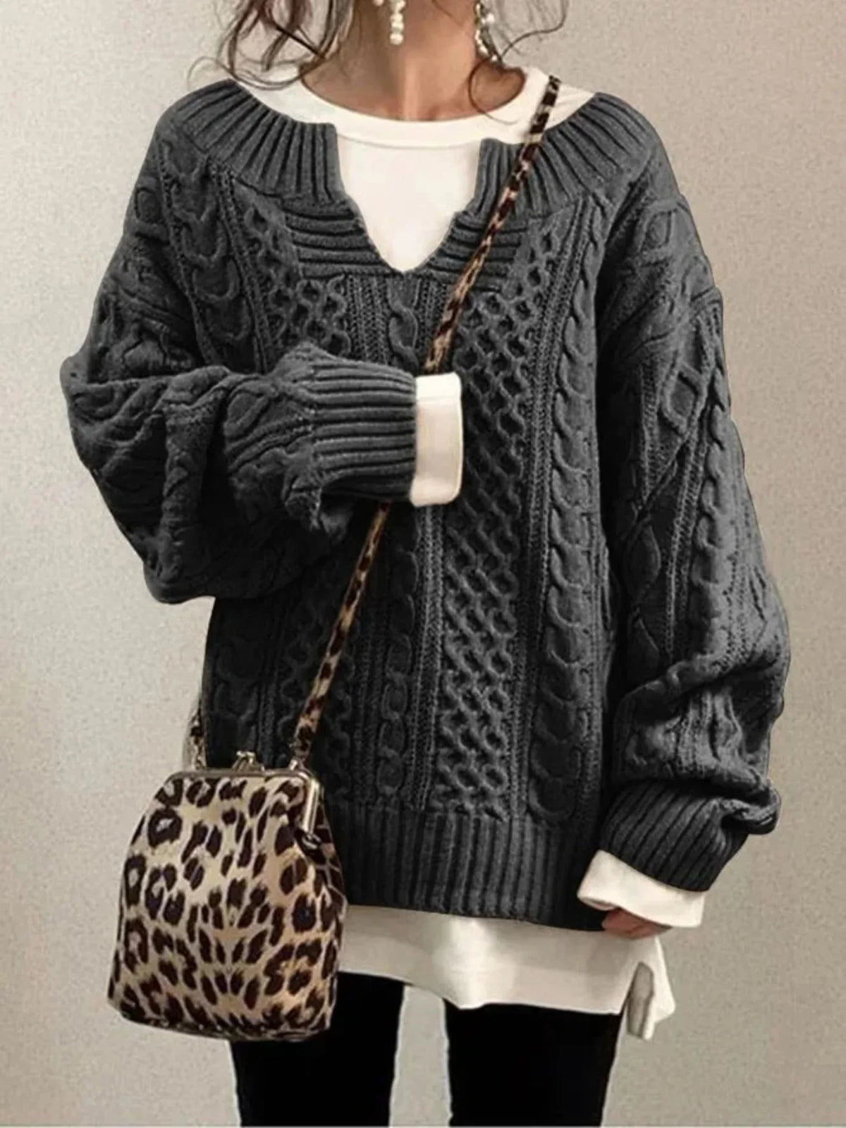 Women's Cable Knit Sweater – V-Neck Long Sleeve