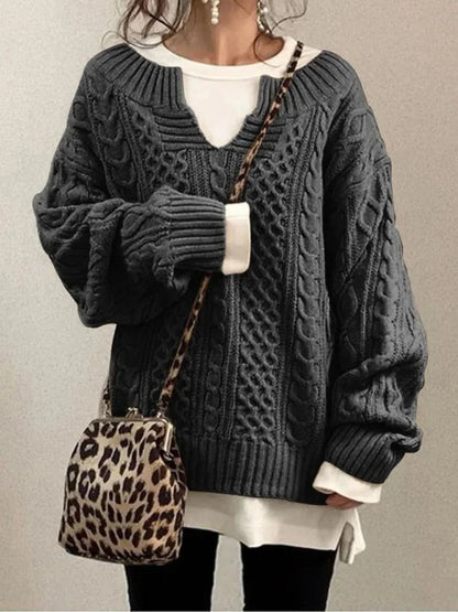 Women's Cable Knit Sweater – V-Neck Long Sleeve