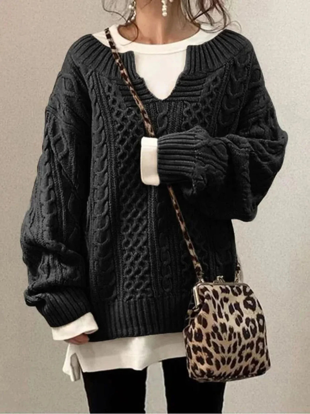Women's Cable Knit Sweater – V-Neck Long Sleeve