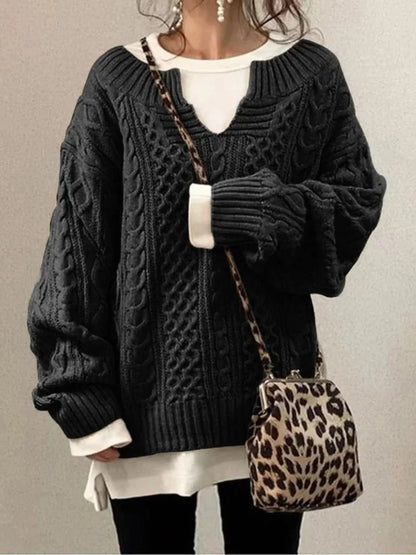 Women's Cable Knit Sweater – V-Neck Long Sleeve