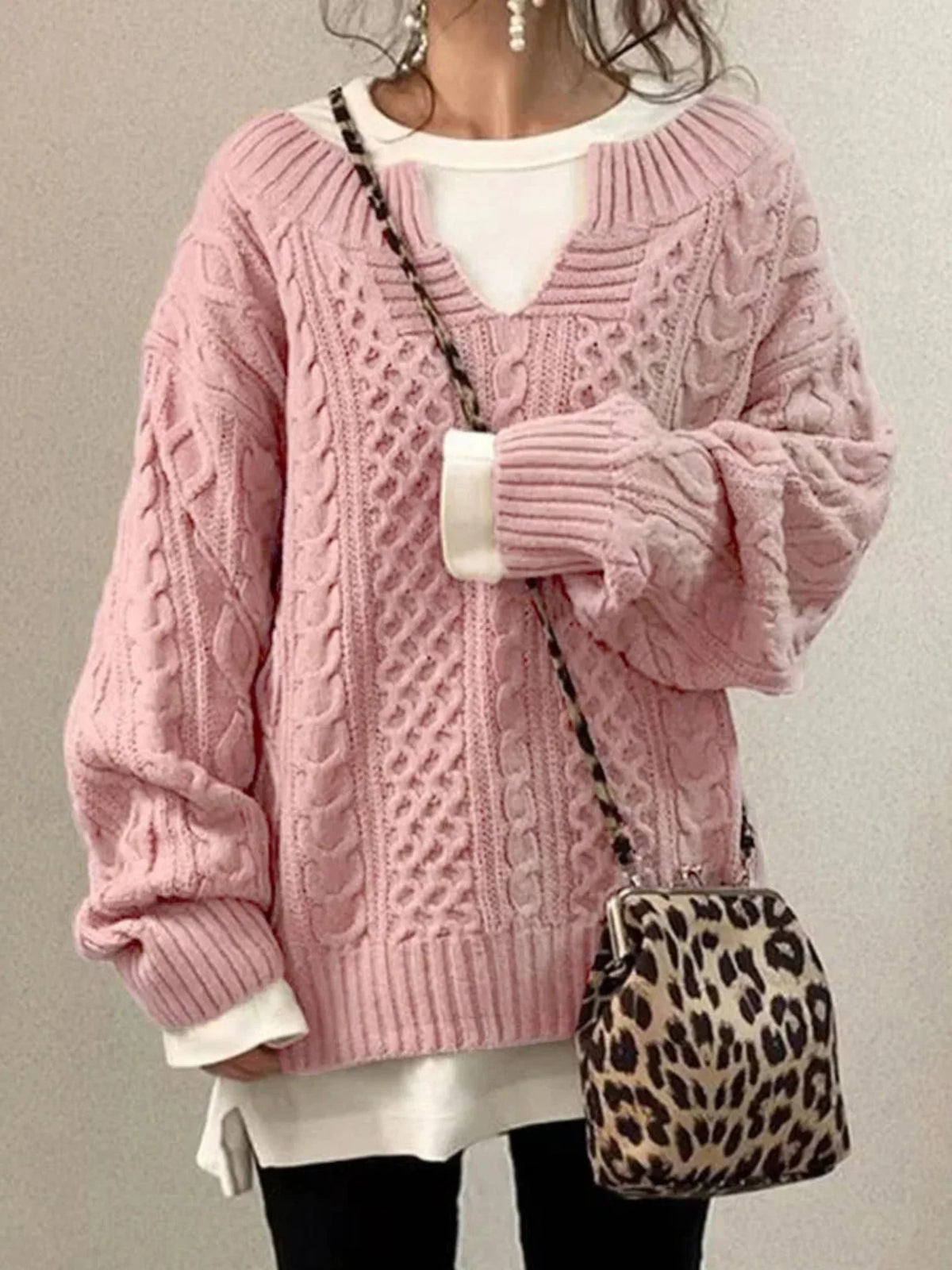 Women's Cable Knit Sweater – V-Neck Long Sleeve
