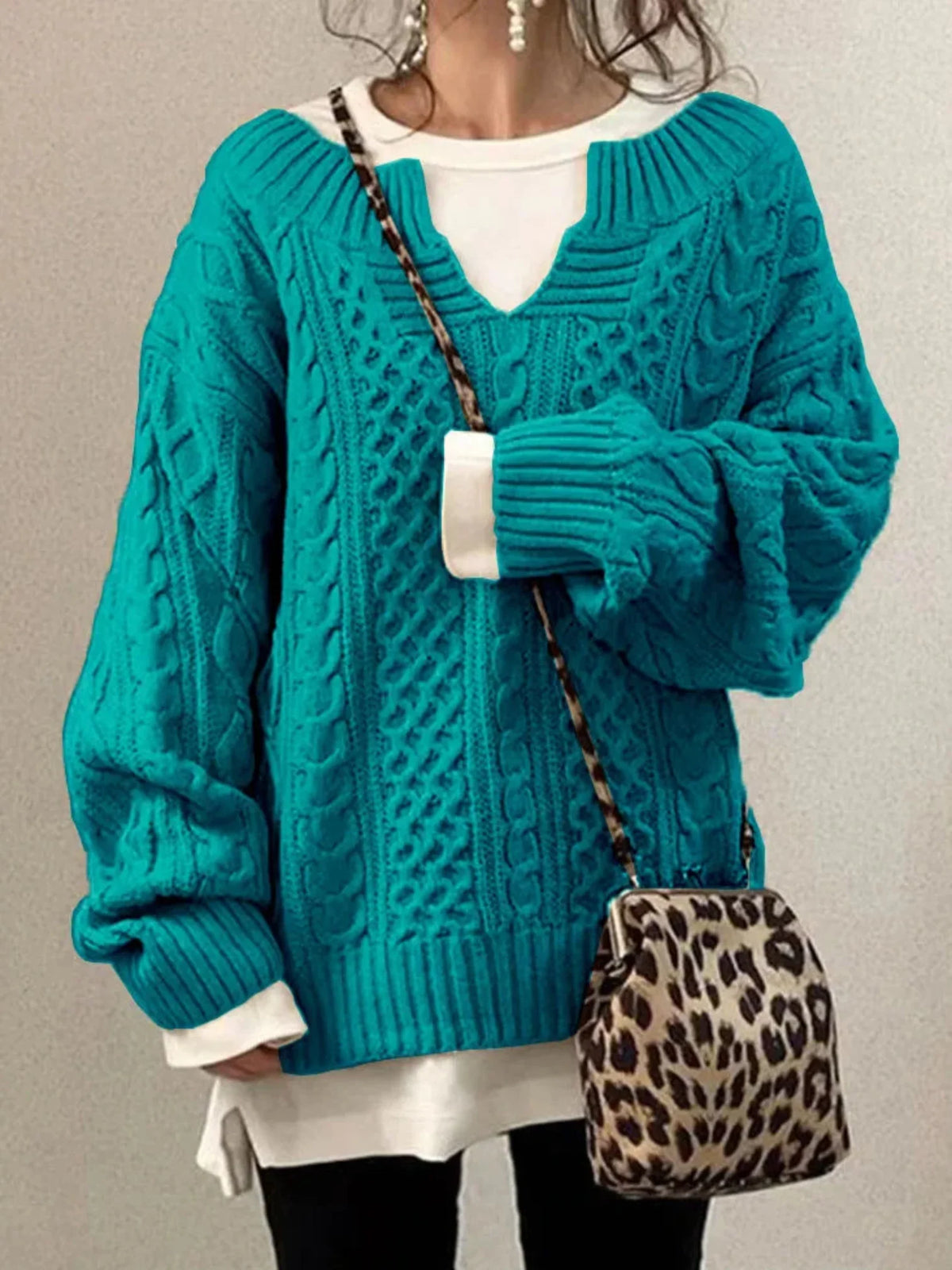Women's Cable Knit Sweater – V-Neck Long Sleeve