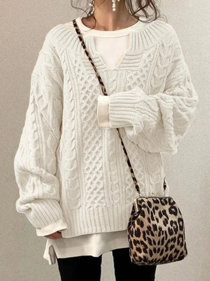 Women's Cable Knit Sweater – V-Neck Long Sleeve