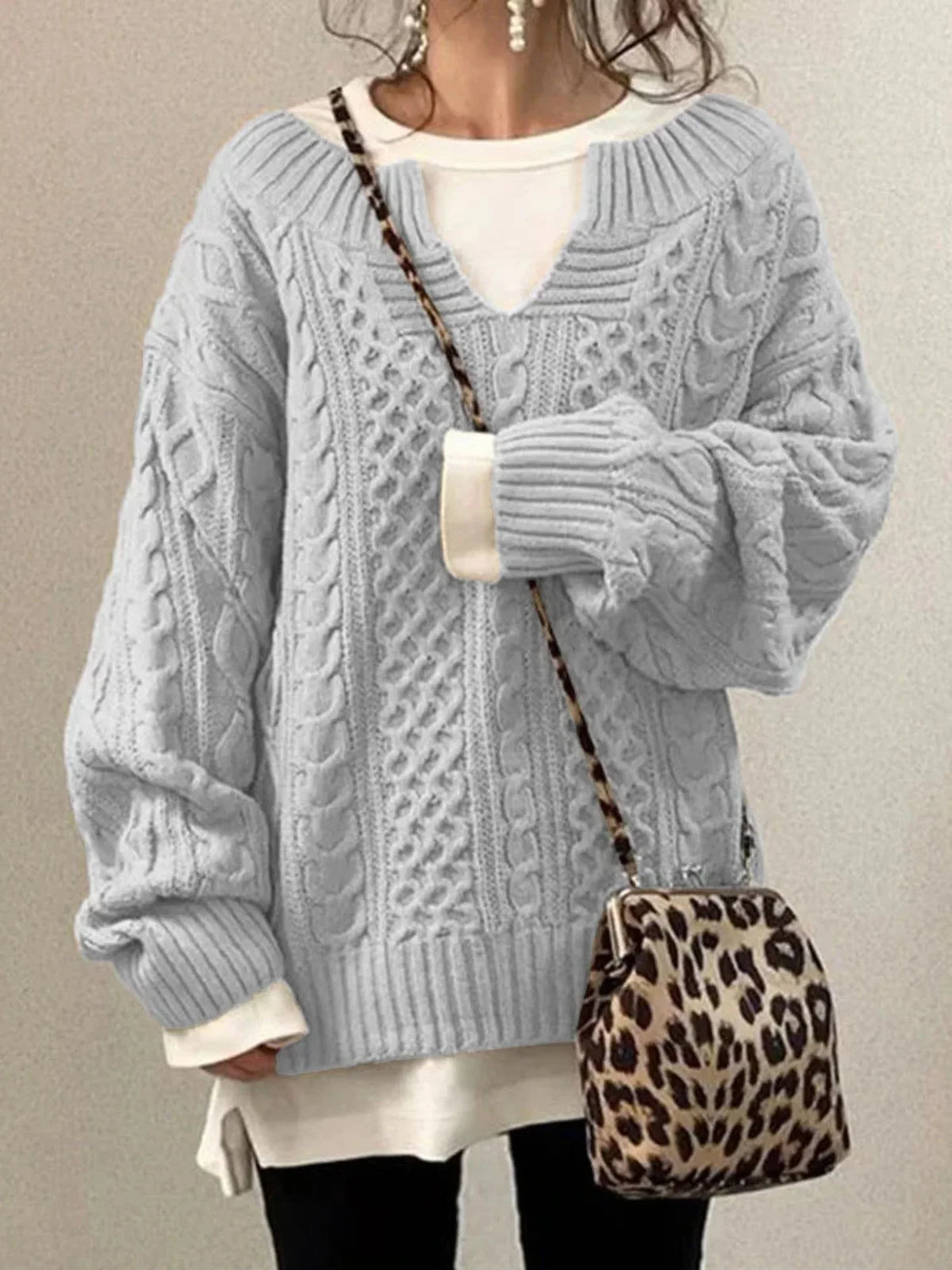 Women's Cable Knit Sweater – V-Neck Long Sleeve