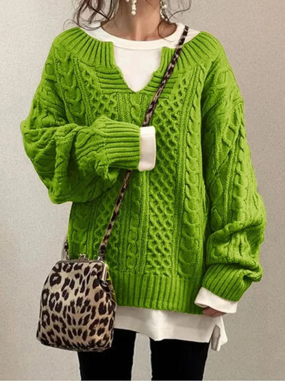 Women's Cable Knit Sweater – V-Neck Long Sleeve