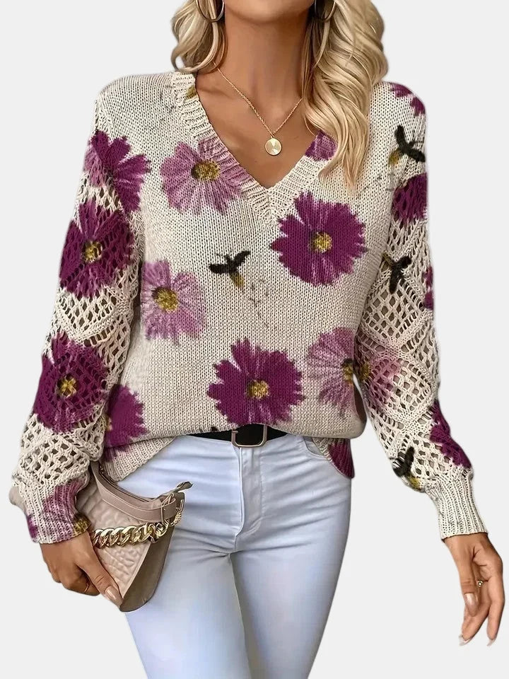Women's Floral Knit Sweater – V-Neck Long Sleeve