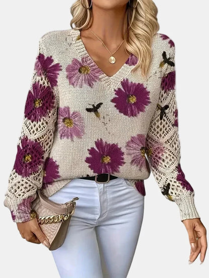 Women's Floral Knit Sweater – V-Neck Long Sleeve
