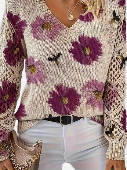 Women's Floral Knit Sweater – V-Neck Long Sleeve