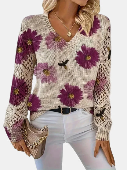Women's Floral Knit Sweater – V-Neck Long Sleeve