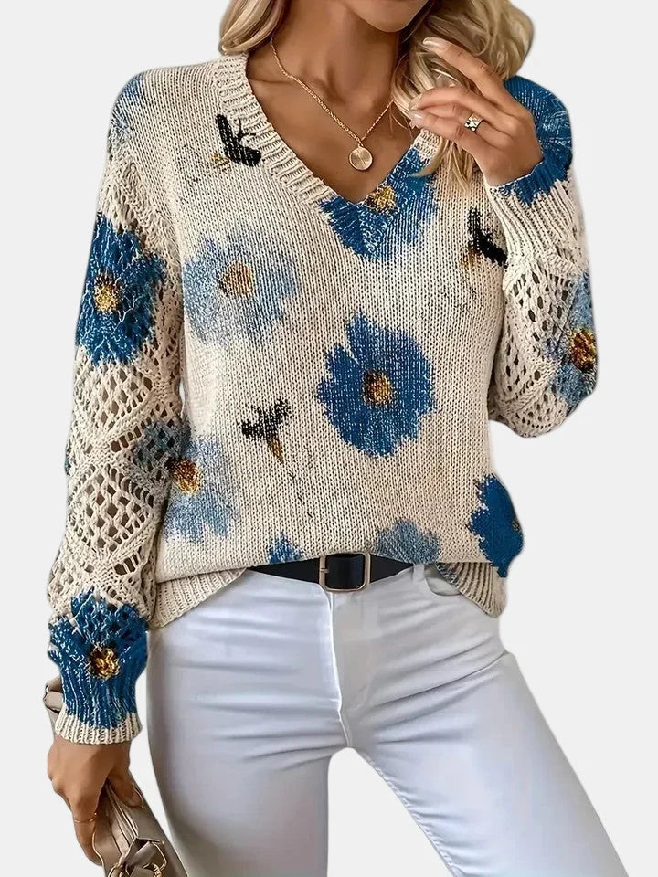 Women's Floral Knit Sweater – V-Neck Long Sleeve
