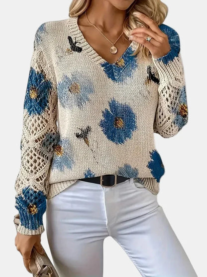 Women's Floral Knit Sweater – V-Neck Long Sleeve