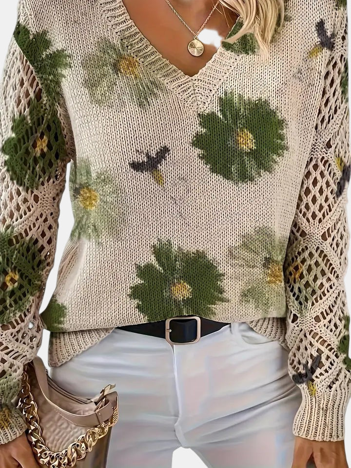 Women's Floral Knit Sweater – V-Neck Long Sleeve
