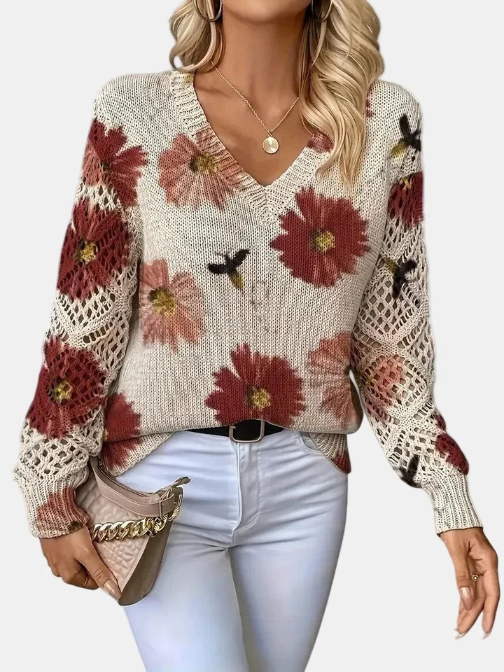 Women's Floral Knit Sweater – V-Neck Long Sleeve