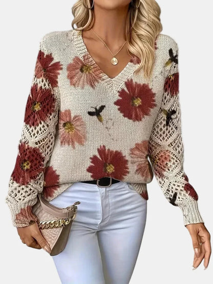 Women's Floral Knit Sweater – V-Neck Long Sleeve