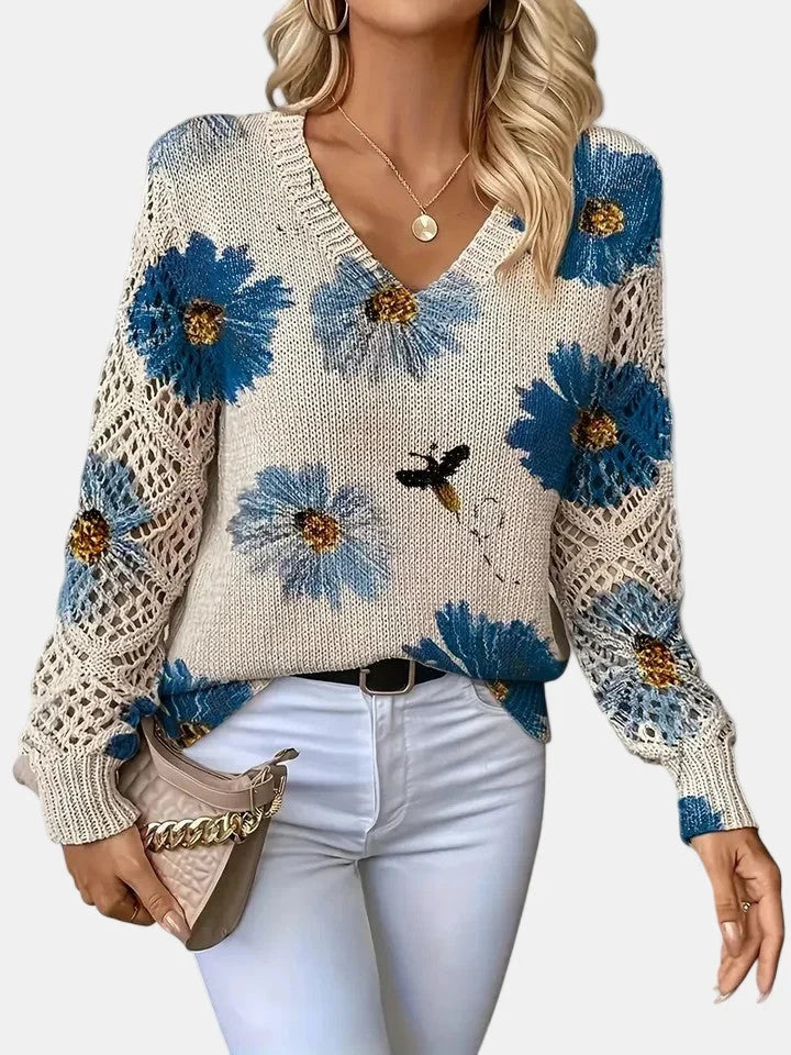 Women's Floral Knit Sweater – V-Neck Long Sleeve