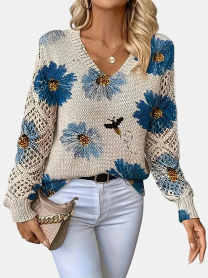 Women's Floral Knit Sweater – V-Neck Long Sleeve