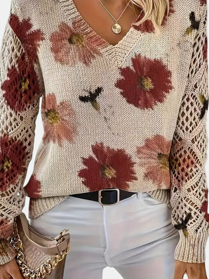 Women's Floral Knit Sweater – V-Neck Long Sleeve