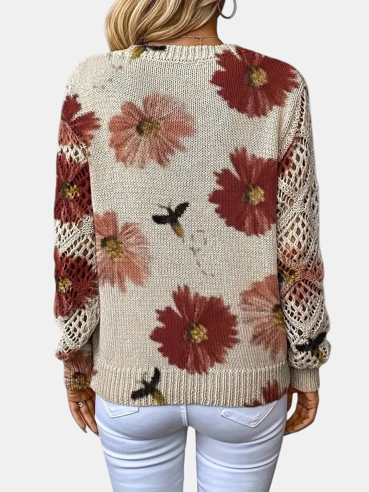 Women's Floral Knit Sweater – V-Neck Long Sleeve