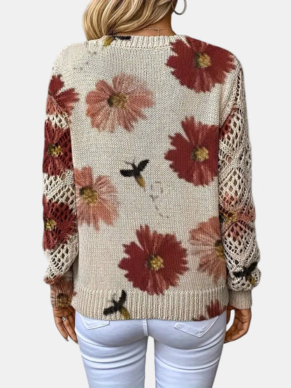 Women's Floral Knit Sweater – V-Neck Long Sleeve
