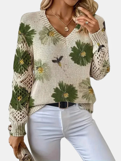 Women's Floral Knit Sweater – V-Neck Long Sleeve