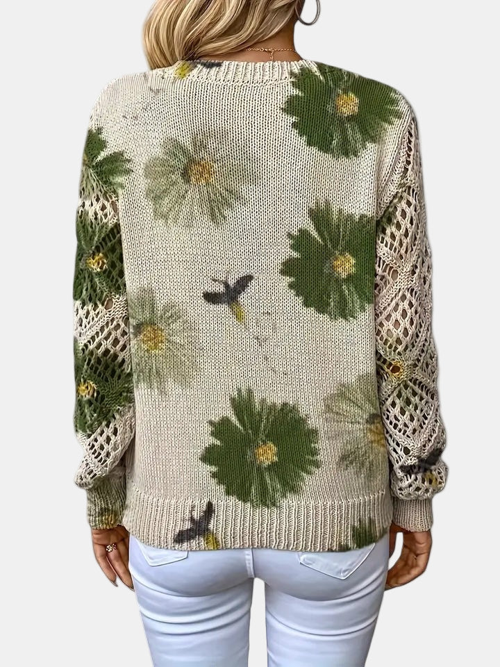 Women's Floral Knit Sweater – V-Neck Long Sleeve