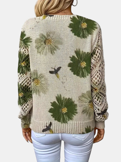 Women's Floral Knit Sweater – V-Neck Long Sleeve