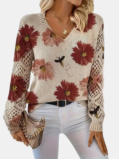 Women's Floral Knit Sweater – V-Neck Long Sleeve