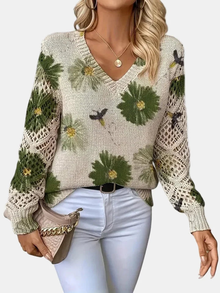 Women's Floral Knit Sweater – V-Neck Long Sleeve