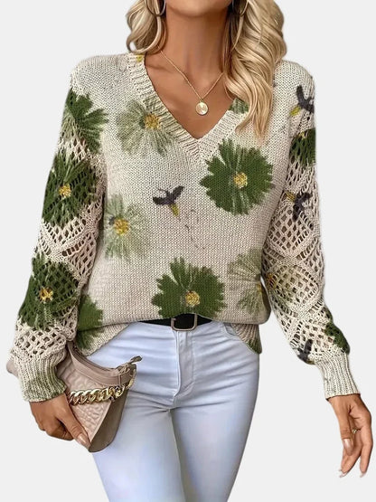 Women's Floral Knit Sweater – V-Neck Long Sleeve