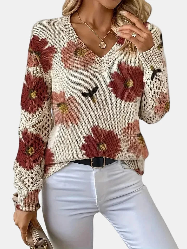 Women's Floral Knit Sweater – V-Neck Long Sleeve