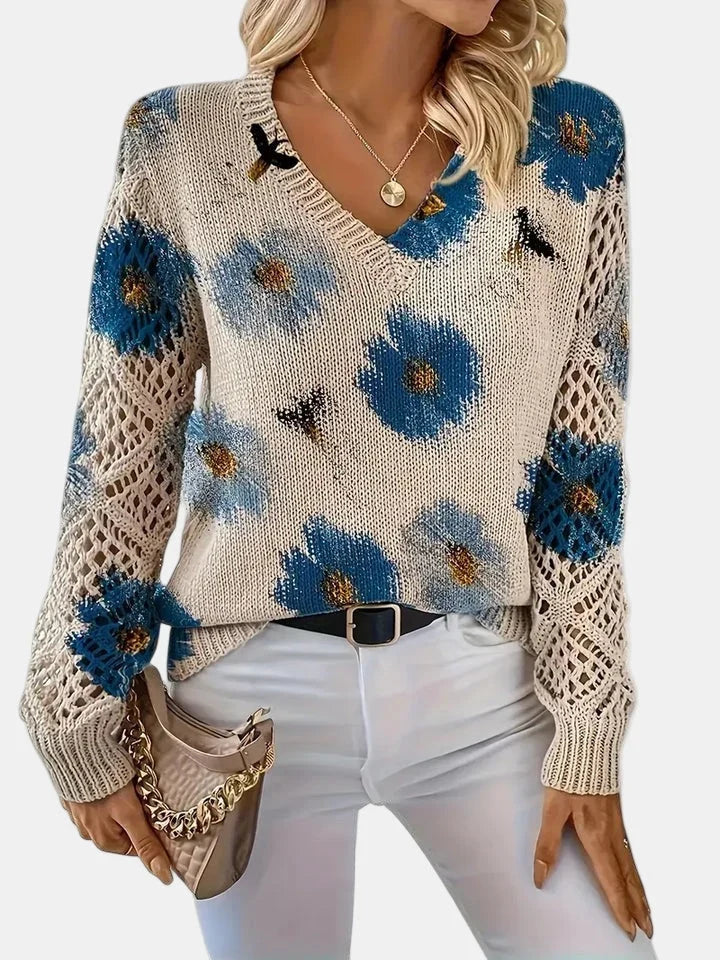 Women's Floral Knit Sweater – V-Neck Long Sleeve