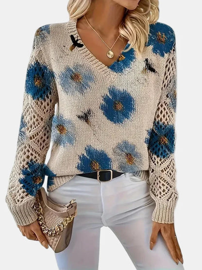 Women's Floral Knit Sweater – V-Neck Long Sleeve