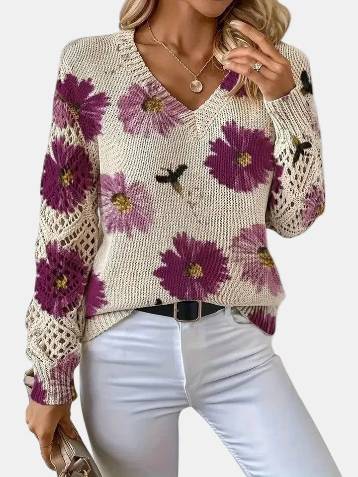Women's Floral Knit Sweater – V-Neck Long Sleeve
